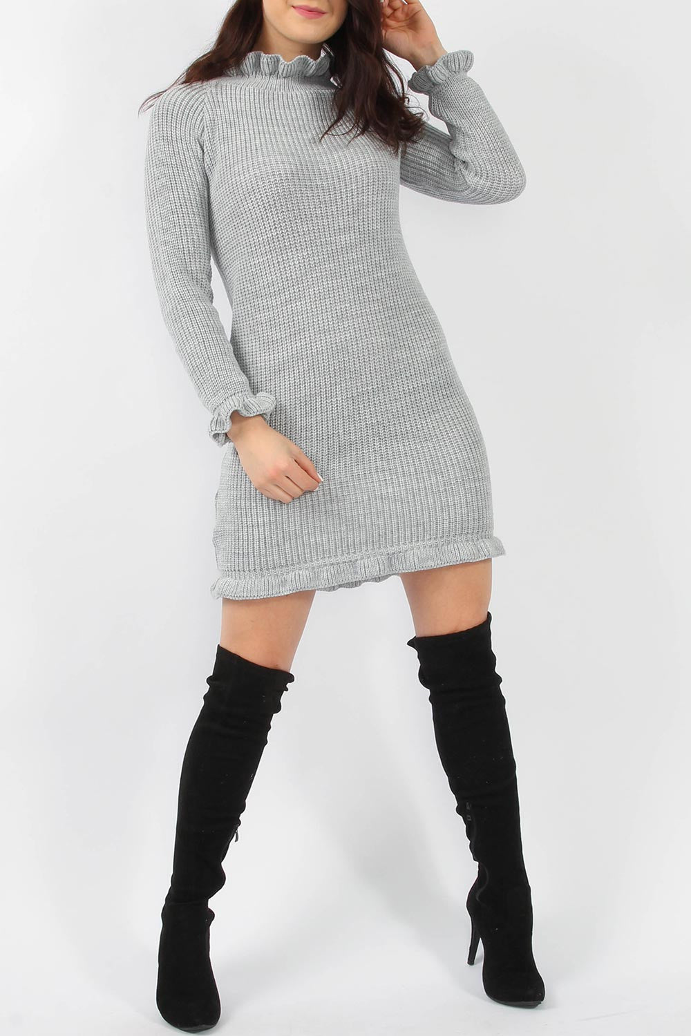 Womens Italian Bardot Frill Off Shoulder Knitted Jumper Xmas Party Jumper Dress